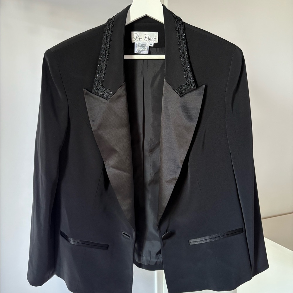 Liz Elana Black Satin-Lapel Blazer with Beaded Trim
